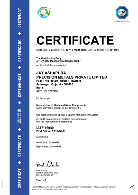 IATF 16949 certificate issued to Jay Ashapura Precision Metals by T&Uuml;V S&Uuml;D Management Service