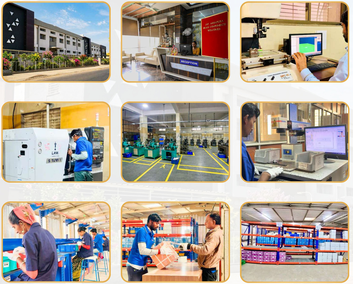 Jay Ashapura Precision Metals facility: plant exterior, reception, video measuring machine, CNC turning, machine shop floor, laser marking, assembly and inspection, packing and finished goods storage