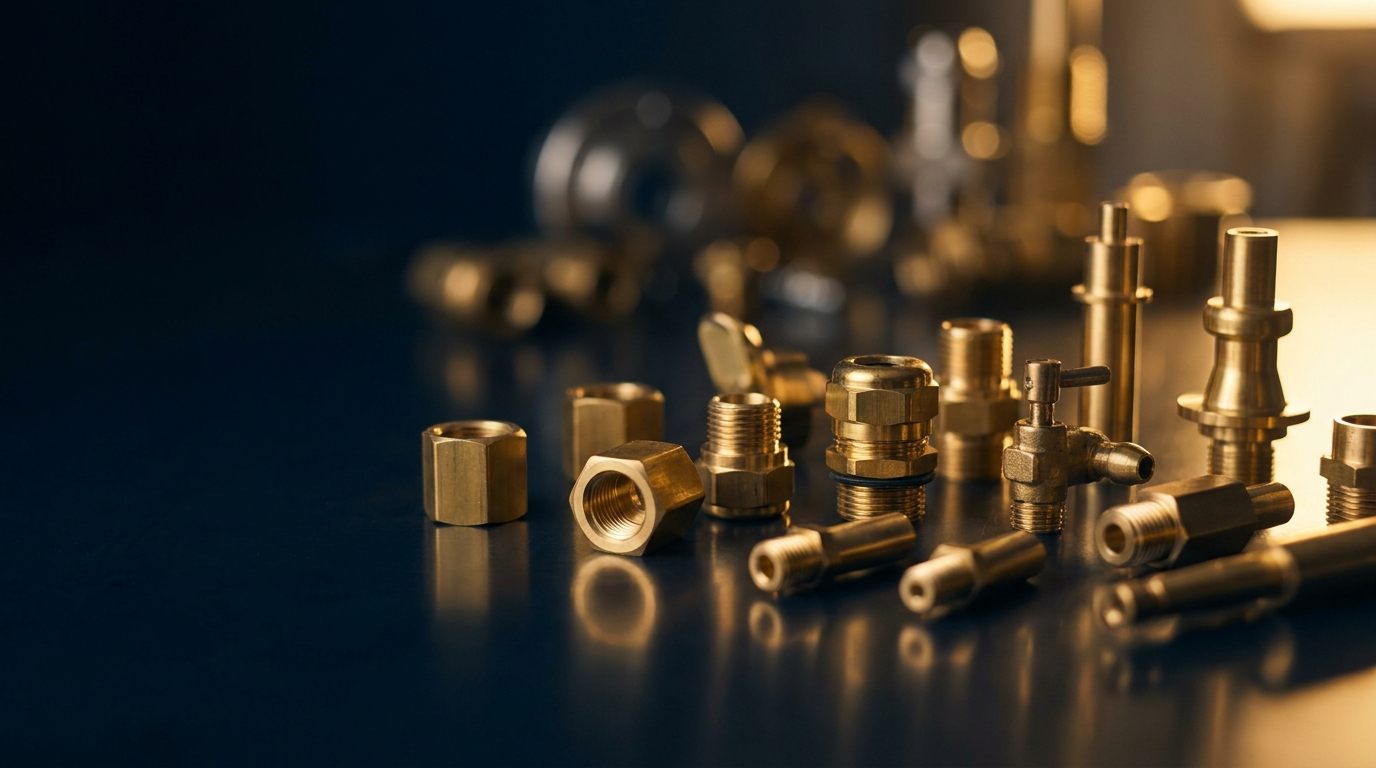 Precision-machined brass components catching warm gold light on a dark surface